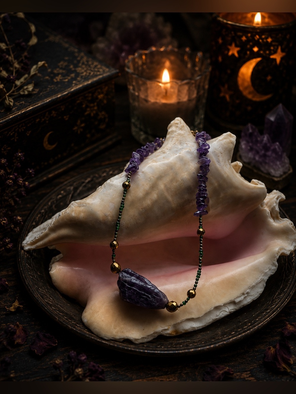 HAND CRAFTED Artisan Raw Dark Amethyst Golden Hematite and Amethyst Chips Choker